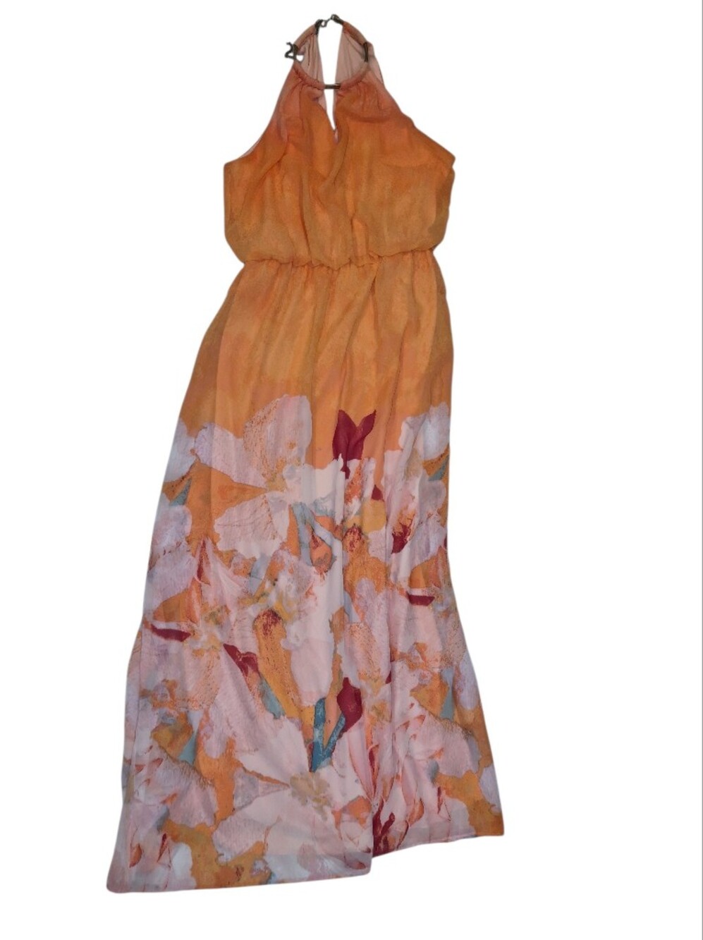 Bisou Bisou Orange Halter Maxi Dress with Floral Skirt